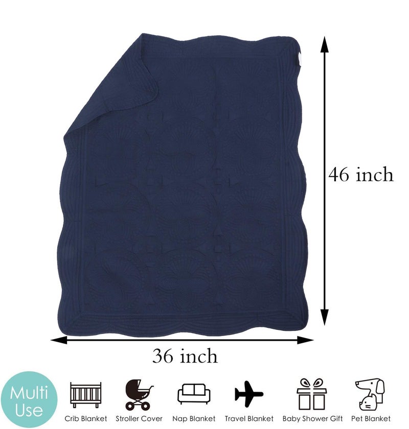 MONOBLANKS Baby Quilt Personlized Monogram Lightweight Embossed Scalloped Throw Blanket Four Seasons (Navy) - Image 2